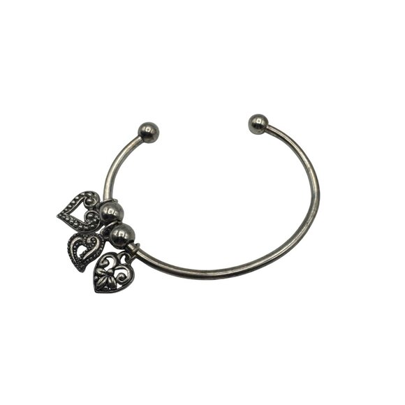 Silver-Tone Bangle Bracelet with Etched Heart Charms Adjustable - Picture 7 of 8